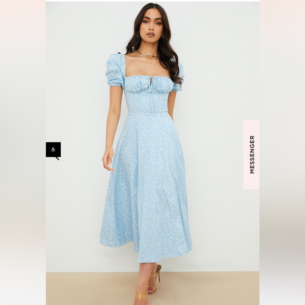 House of CB Tallulah Blue Ivory Floral Puff Sleeve Midi Dress Small